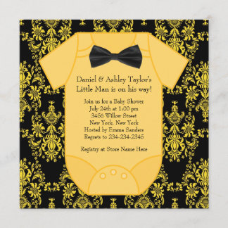 Invitation Jaune et noir damassé bébé garçon showe