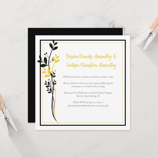 Invitation Jaune et Noir Floral Réception uniquement | (Devant/Arrière en situation)