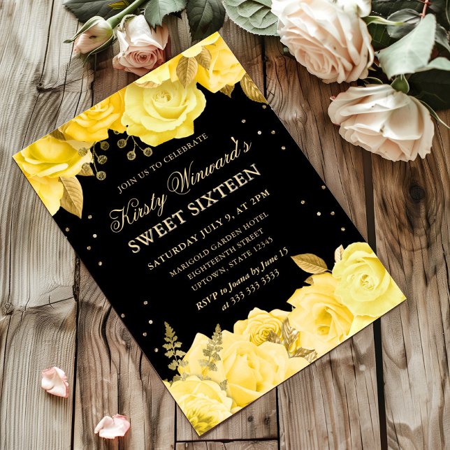 Invitation Jaune et or Roses Floral Sweet 16 (Créateur téléchargé)