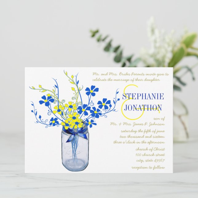 Invitation Jaune et Royal Blue Mason Jar Fleur sauvage Mariag (Debout devant)