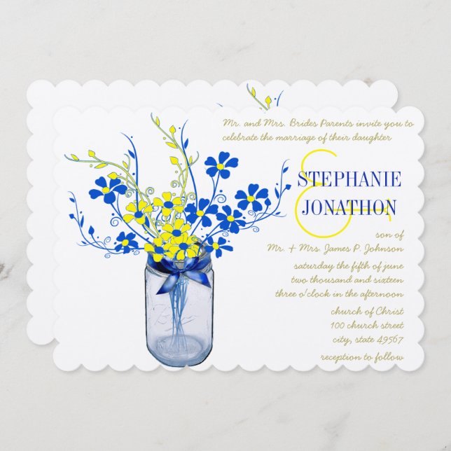 Invitation Jaune et Royal Blue Mason Jar Fleur sauvage Mariag (Devant / Derrière)