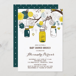 Invitation Jaune et Turquoise Mason jarres Baby shower Floral