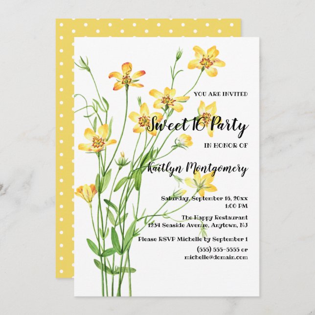 Invitation Jaune Fleur sauvage douce 16 Anniversaire (Devant / Derrière)