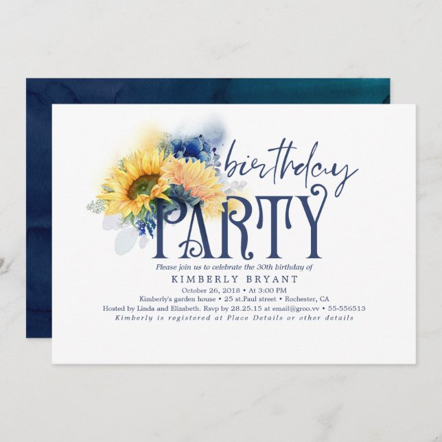 Invitation Jaune Fleurs de soleil Elégante Marine Bleue Anniv (Devant / Derrière)