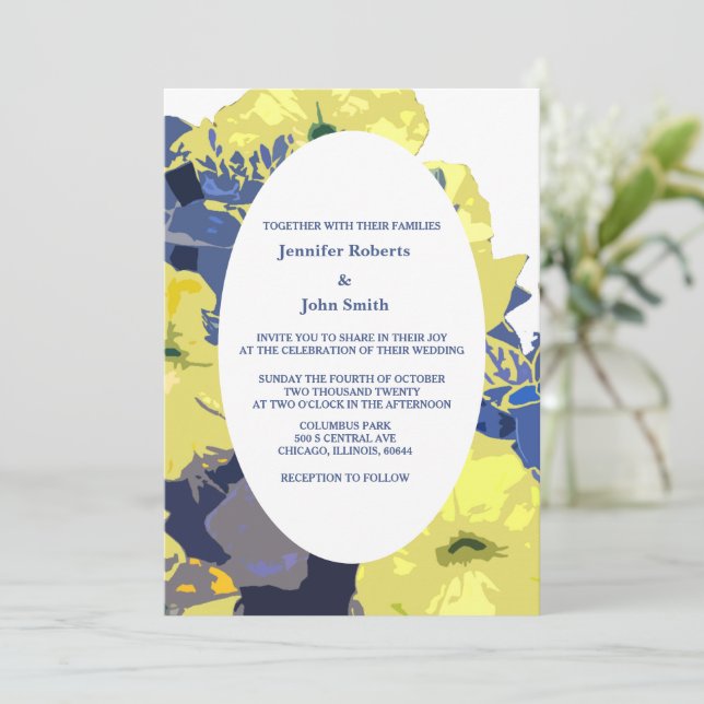 Invitation Jaune Floral Bleu Bleu Personnalisé Artsy Mariage  (Debout devant)