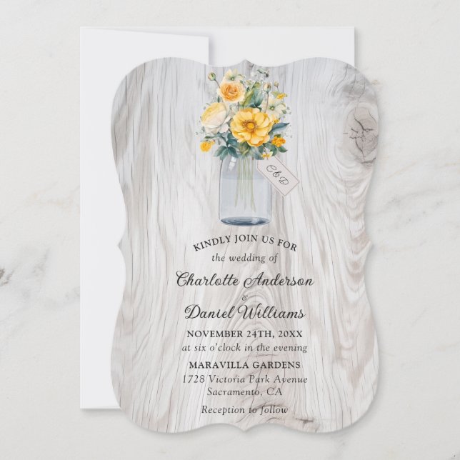 Invitation Jaune Floral Bois Mason Jar Mariage (Devant)