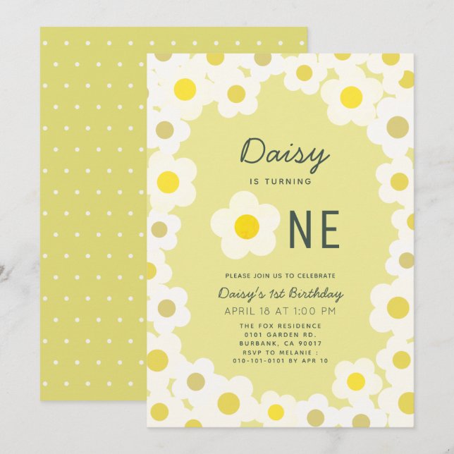 Invitation Jaune floral Daisy 1er anniversaire (Devant / Derrière)