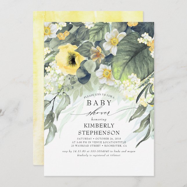 Invitation Jaune Floral Élégant Baby shower mignon (Devant / Derrière)