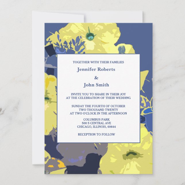 Invitation Jaune Floral Feuille Dusty Blue Artsy Mariage 2024 (Devant)