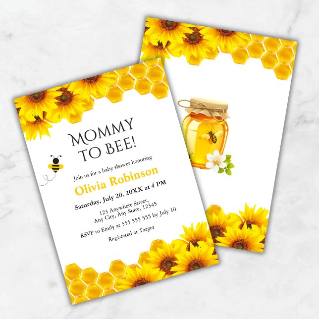 Invitation Jaune Floral Honeycomb Maman to Bee Baby shower (Yellow Floral Honeycomb Mommy to Bee Baby Shower Invitation )
