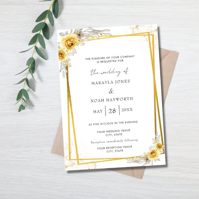 Invitation Jaune Floral or Mariage simple (Créateur téléchargé)