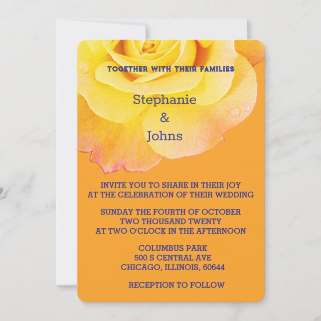 Invitation Jaune Floral Orange Rose Marine Bleu Boho Mariage  (Devant)
