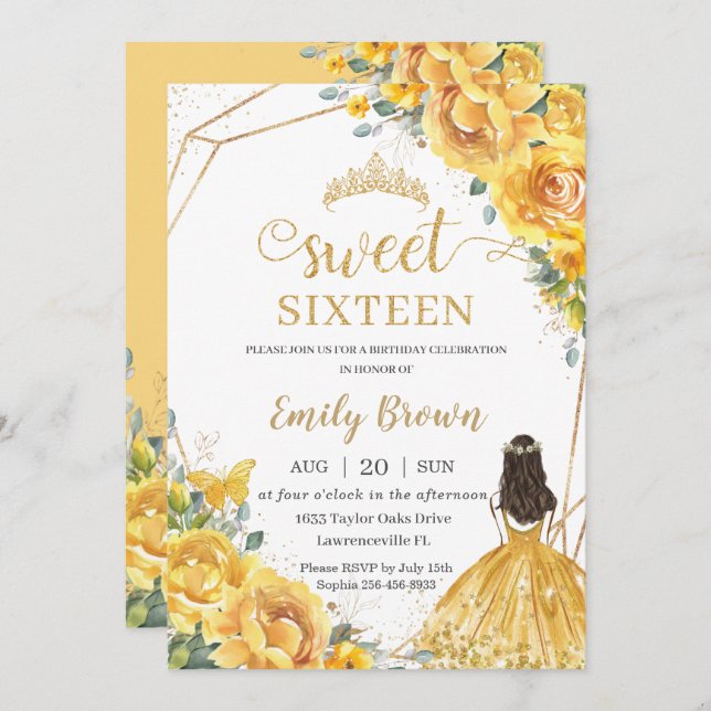 Invitation Jaune Floral Sweet 16 Anniversaire Princesse Couro (Devant / Derrière)