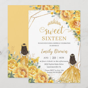 Invitation Jaune Floral Sweet 16 Anniversaire Princesse Couro