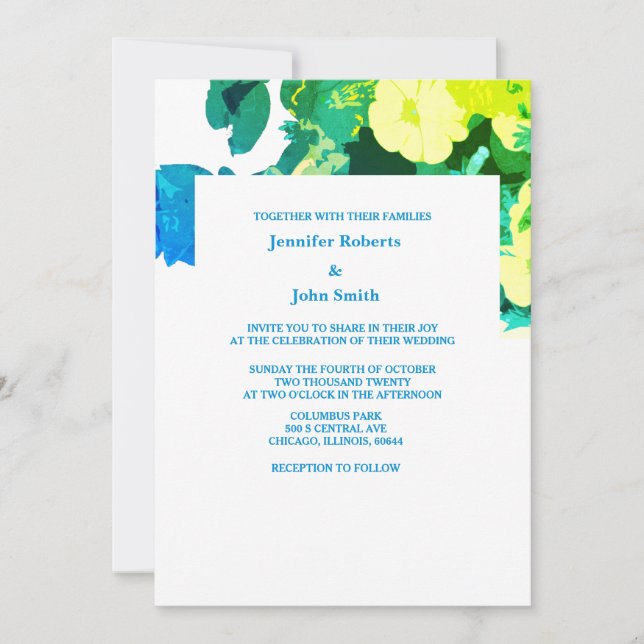 Invitation Jaune Floral Vert Bleu Feuille Art Personnalisé Ma (Devant)