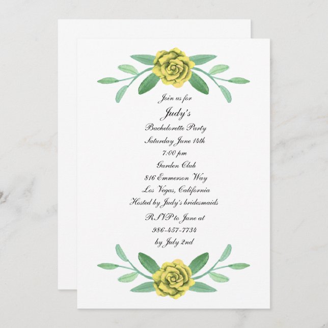 Invitation Jaune Floral Vert Foliage Bachelorette Party (Devant / Derrière)