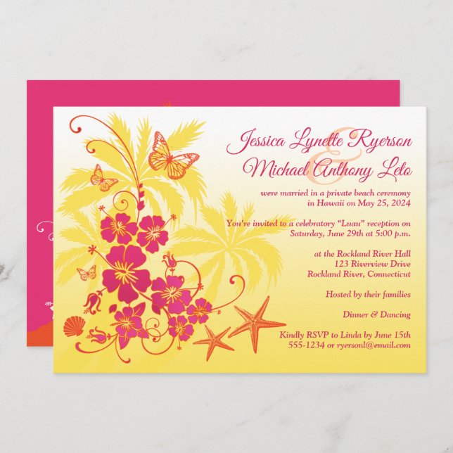 Invitation Jaune, Fuchsia, Mariage tropical orange (Devant / Derrière)