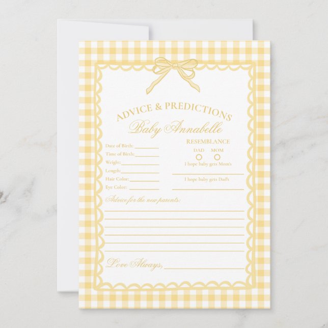 Invitation Jaune Gingham Coquette Nœud Conseil pour Bébé Cart (Devant)