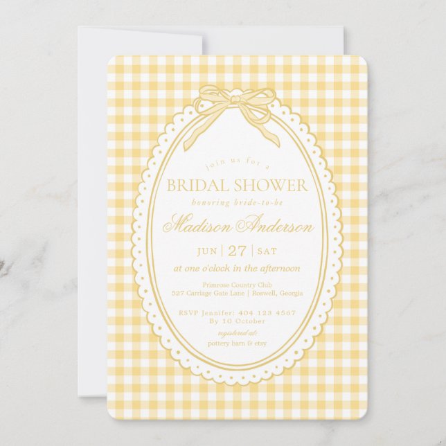 Invitation Jaune Gingham Coquette Nœud Réception de Mariage (Devant)