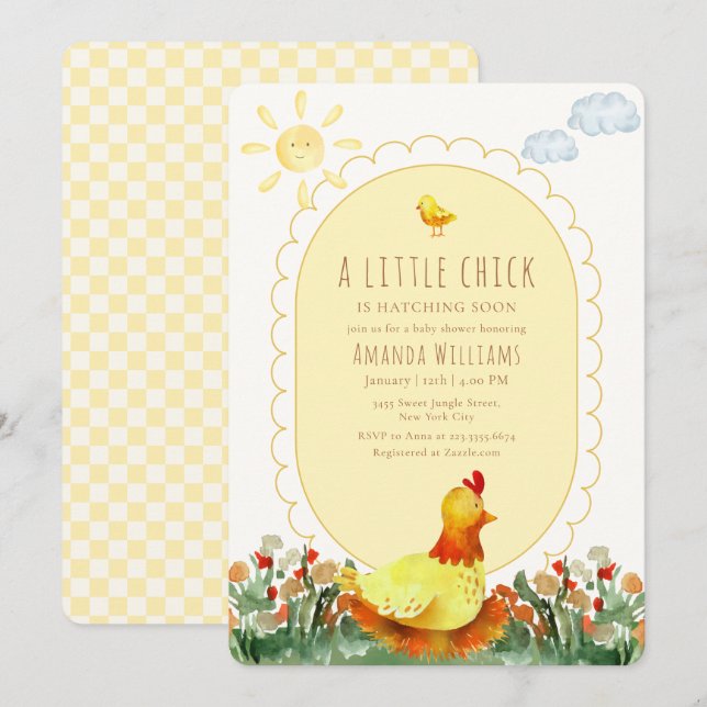 Invitation Jaune Gingham Fleurs de Campagne Baby Shower Poule (Devant / Derrière)
