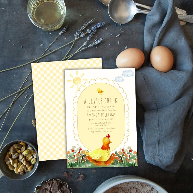 Invitation Jaune Gingham Fleurs de Campagne Baby Shower Poule (Yellow Gingham Country Floral Chicken Baby Shower Invitation)