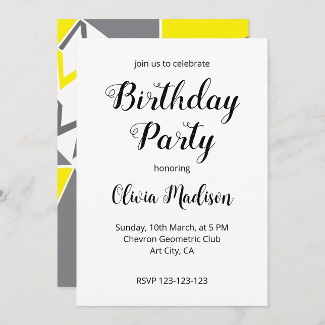 Invitation Jaune Grey Chevron Géométrique fête d'anniversaire (Devant / Derrière)