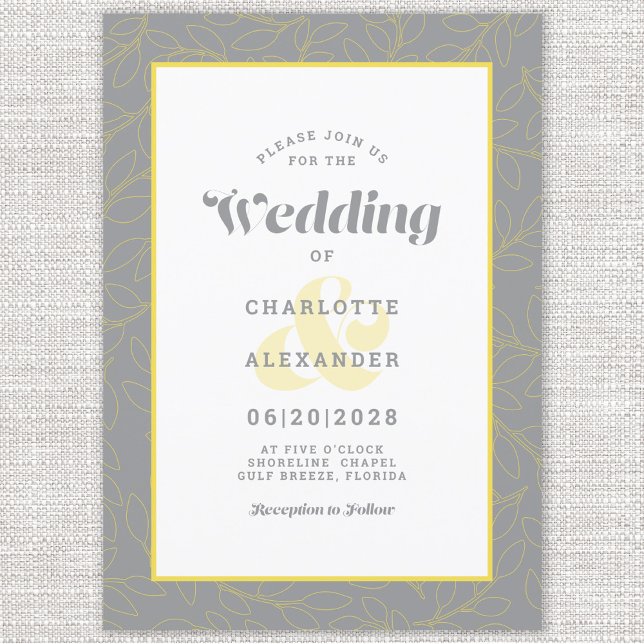 Invitation Jaune & Gris | Motif Moderne de Feuilles Abstraite (Créateur téléchargé)