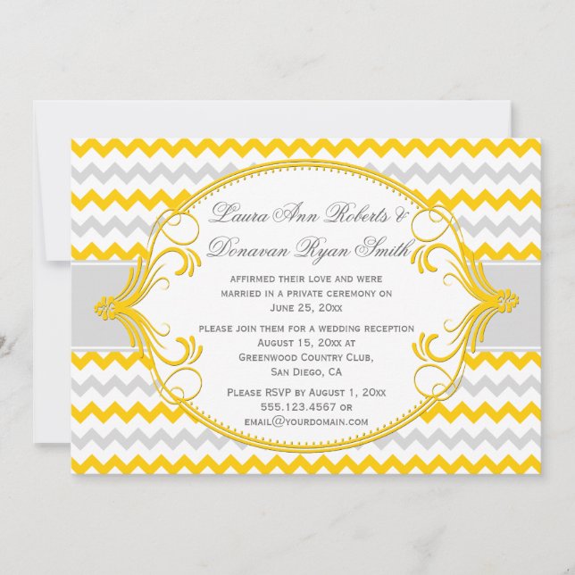 Invitation Jaune Gris Tourbillons Cadre Chevron Réception Uni (Devant)