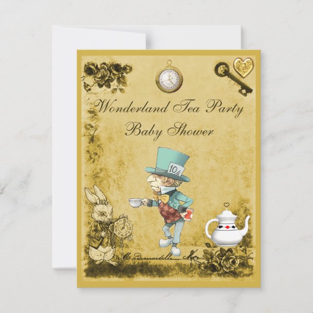 Invitation Jaune Mad Hatter Wonderland Tea Party Baby shower (Devant)