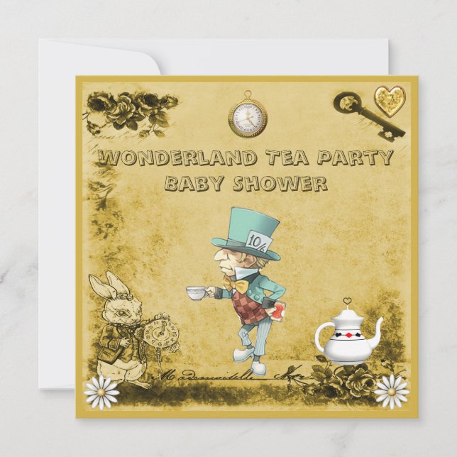 Invitation Jaune Mad Hatter Wonderland Tea Party Baby shower (Devant)