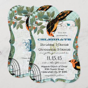 Invitation Jaune Mandarine & Oiseaux Décoratifs Art Déco Noir
