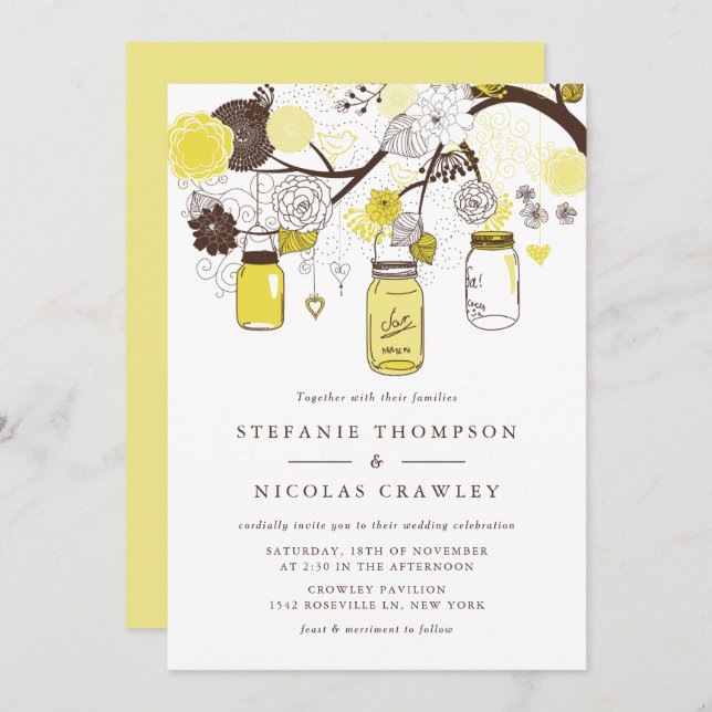 Invitation Jaune Mariage Mason Jars (Devant / Derrière)