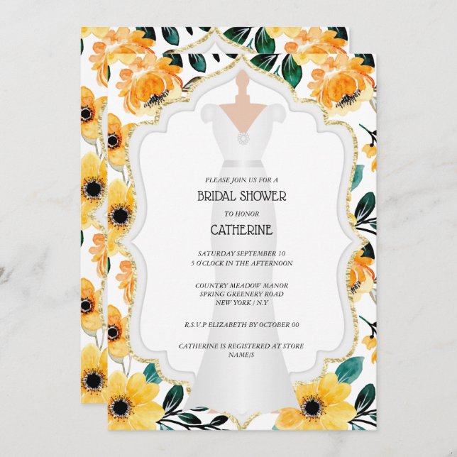 Invitation Jaune marie mariée mariage robe fleur fleurie  (Devant / Derrière)
