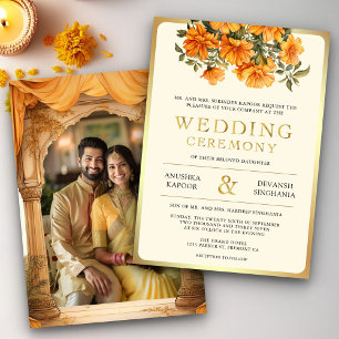 Invitation Jaune Marigold Floral Sud Indien Photo Mariage