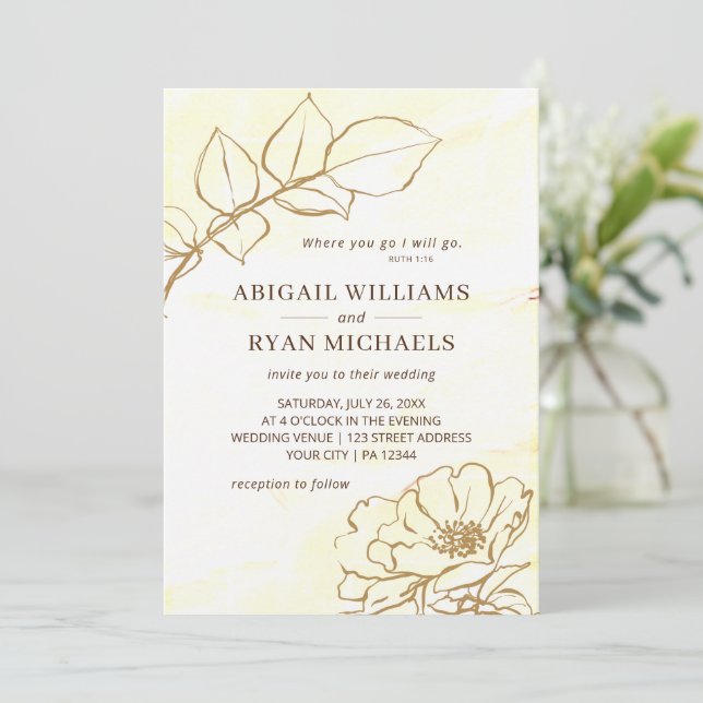 Invitation Jaune moderne Beige Rose Art Mariage chrétien (Debout devant)