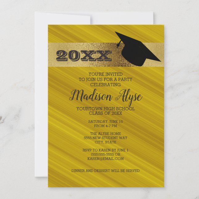 Invitation Jaune Moutarde avec Or et Chapeau de Réussite Fête (Devant)