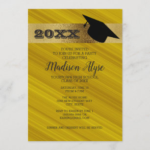 Invitation Jaune Moutarde avec Or et Chapeau de Réussite Fête