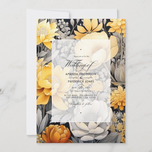 Invitation Jaune Moutarde et Fleurs de Mariage Gris Clair (Devant)