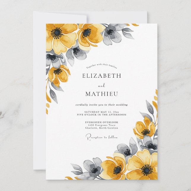 Invitation Jaune Moutarde Floral Mariage Automnal (Devant)