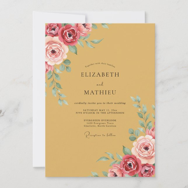 Invitation Jaune Moutarde Floral Romantique Mariage (Devant)