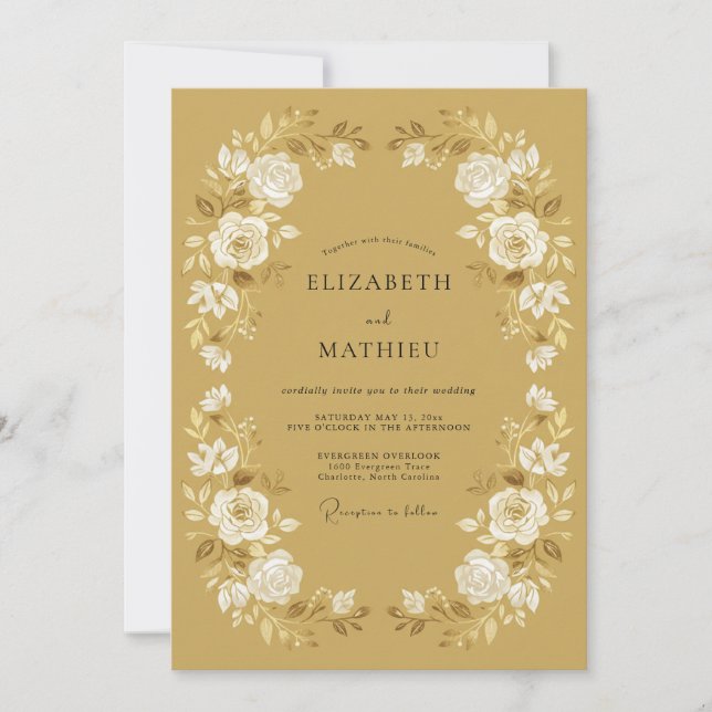 Invitation Jaune Moutarde Raffiné Mariage Floral (Devant)
