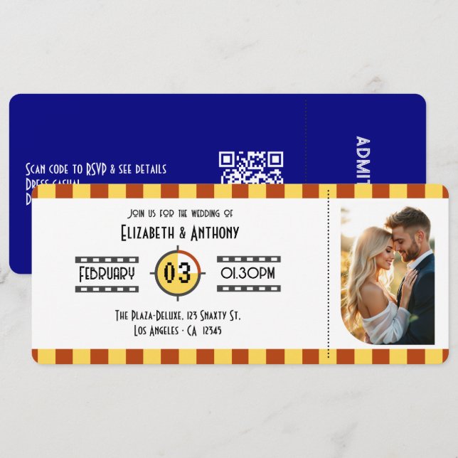Invitation Jaune Moutarde, Rouille & Billet de Cinéma Mariage (Devant / Derrière)