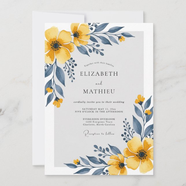 Invitation Jaune Moutarde Sérénité Florale Mariage (Devant)