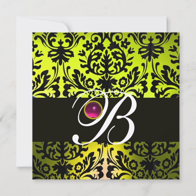 Invitation JAUNE NOIR DAMAS MONOGRAMME ROSE POURPRE Améthyste (Devant)