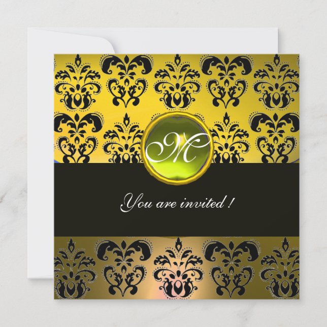 Invitation JAUNE NOIR DAMASQUE MONOGRAMME, topaze (Devant)