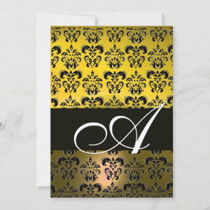 Invitation JAUNE NOIR DAMASSÉ MONOGRAMME, blanc brillant