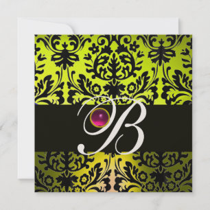 Invitation JAUNE NOIR DAMASSÉ MONOGRAMME ROSE VIOLET Améthyst