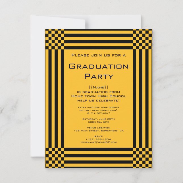 Invitation Jaune Noir Jaune Checkers Stripes Graduation Party (Devant)