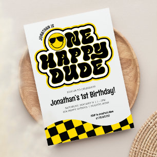 Invitation Jaune Noir Rétro One Happy Dude 1er Anniversaire