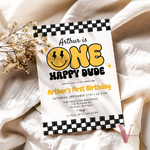 Invitation Jaune Noir UN JEUX DUDE Retro Super Anniversaire
